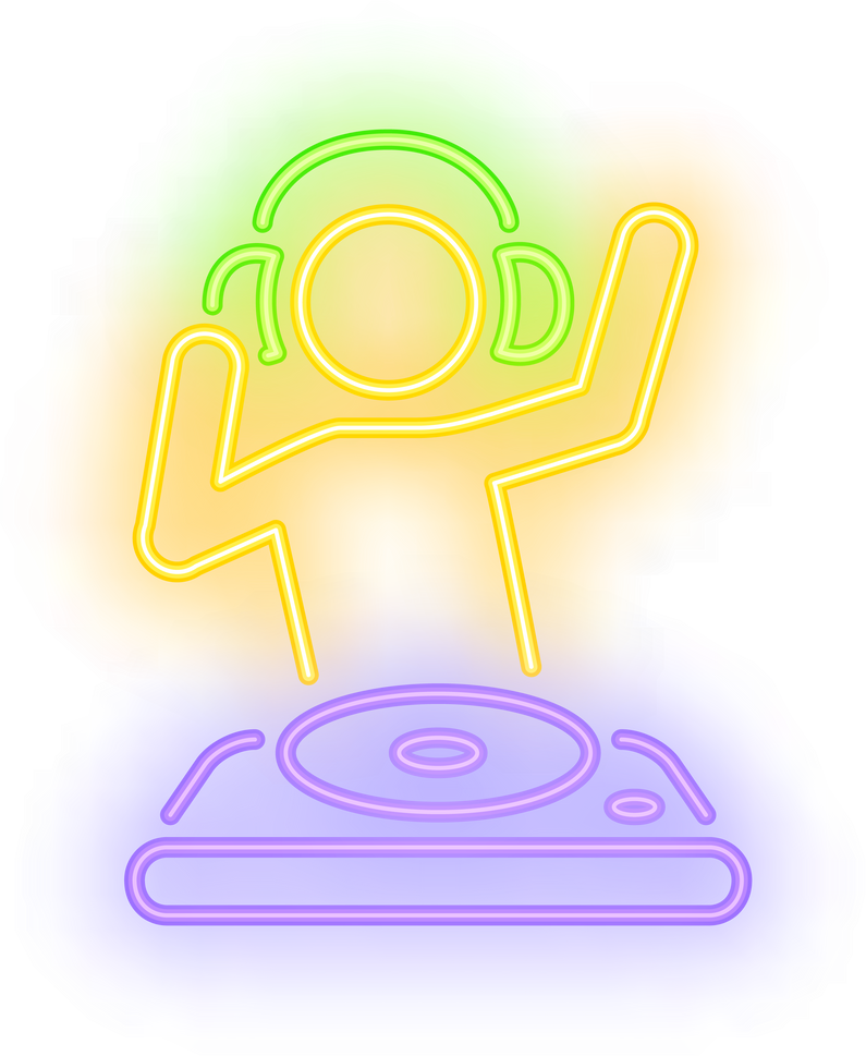 Disk jokey with dj mixer neon sign. Music, party and sound concept. Advertisement design. Night bright neon sign, colorful billboard, light banner. Illustration in neon style.